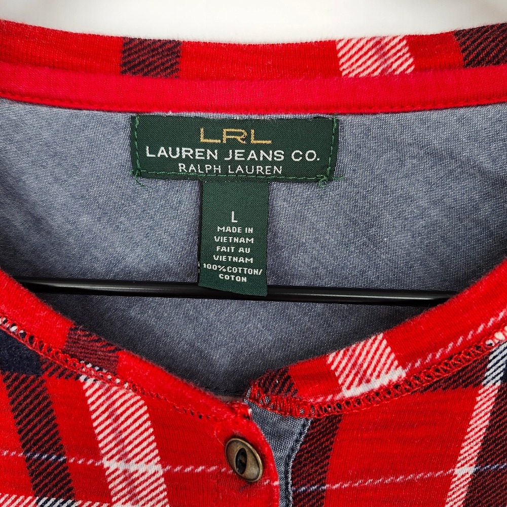 LRL Lauren Ralph Lauren Womens Plaid Henley Top Size L Red Blue Preppy Classic - Picture 5 of 7